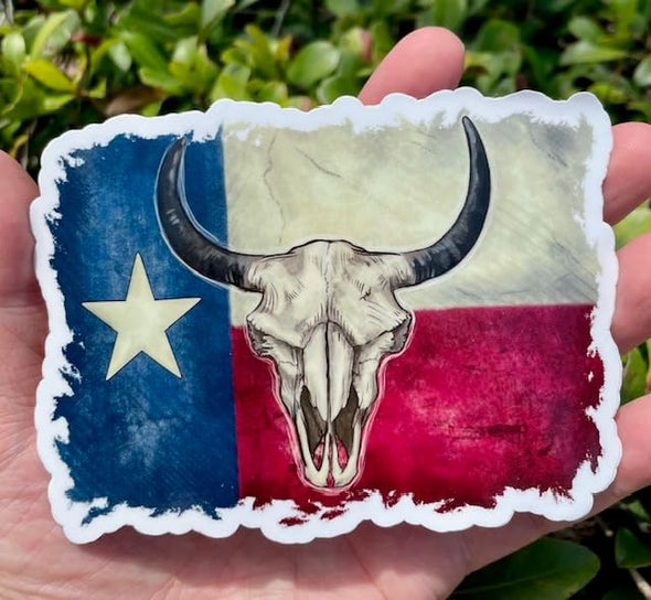 Texas Flag Steer Skull Vinyl Sticker - Texan Bull Decal - Die Cut for Laptops Windows Cars Trucks