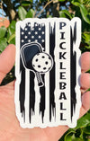 Pickleball Vinyl Decal - Distressed Flag Pickle Ball Bumper Sticker
