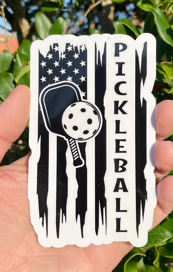 Pickleball Vinyl Decal - Distressed Flag Pickle Ball Bumper Sticker