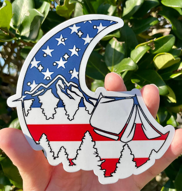 Camping American Flag Vinyl Decal - Patriotic Moon Bumper Sticker