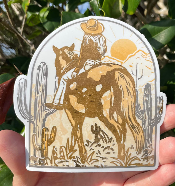 Cowgirl Desert Sunset Vinyl Decal - Western Bumper Sticker