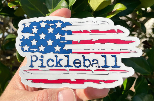Pickleball American Flag Vinyl Decal - Patriotic Pickleball Bumper Sticker