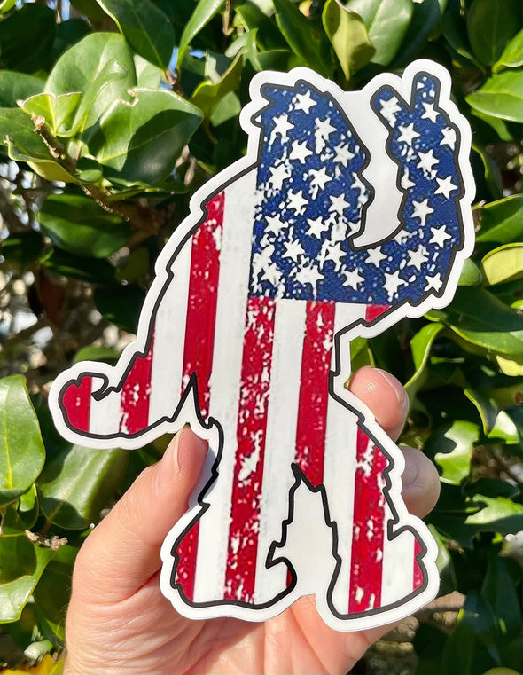 Bigfoot Peace American Flag Vinyl Decal - Patriotic Sasquatch Bumper Sticker